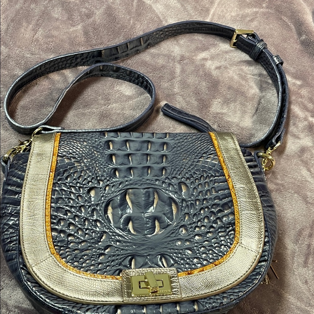 Brahmin Navy and Gold Croc-Embossed Crossbody Bag